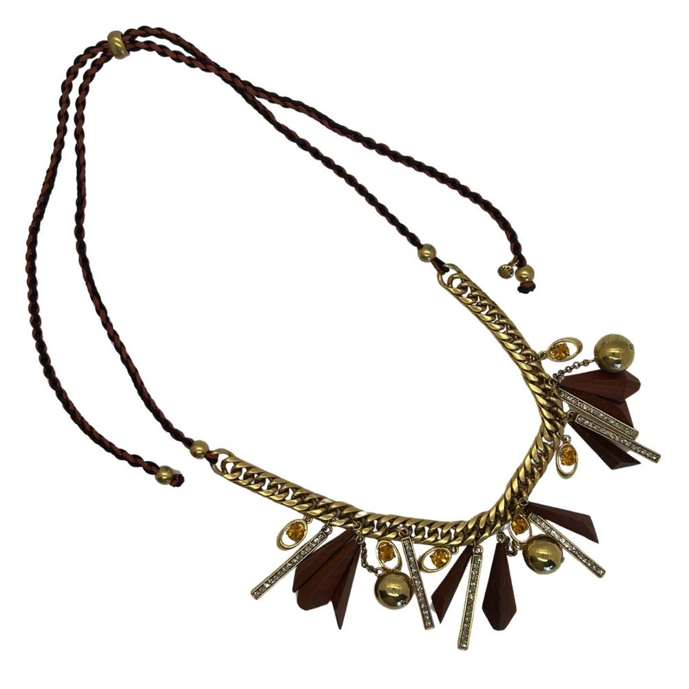 J. Crew Black and Brown Cord with Gold Chain Wood Crystal Adjustable Necklace